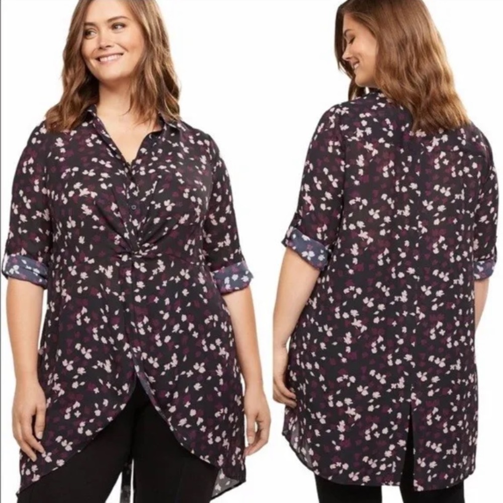 LANE BRYANT Floral Tunic Twist Front Longline Size 16